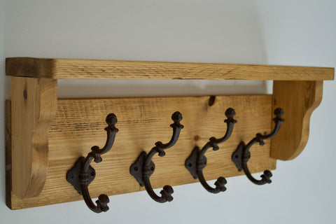Rustic Hat / Coat Rack With Shelf and 5 Cast Iron Hooks- Farmhouse Sty ...
