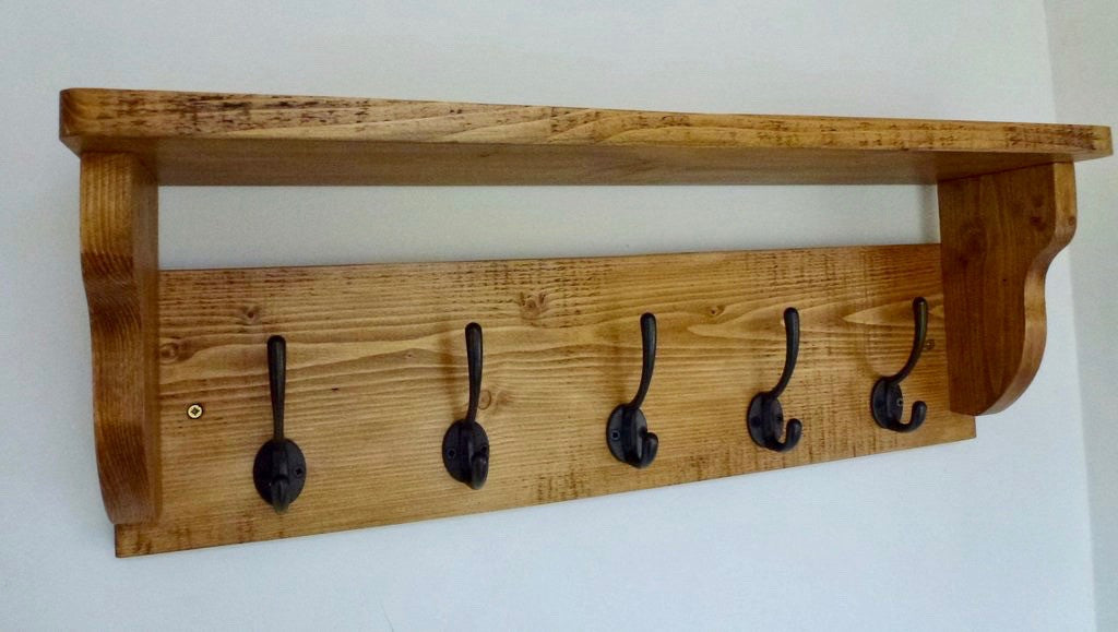 Rustic Hat / Coat Rack With Shelf and 5 Cast Iron Hooks- Farmhouse Style