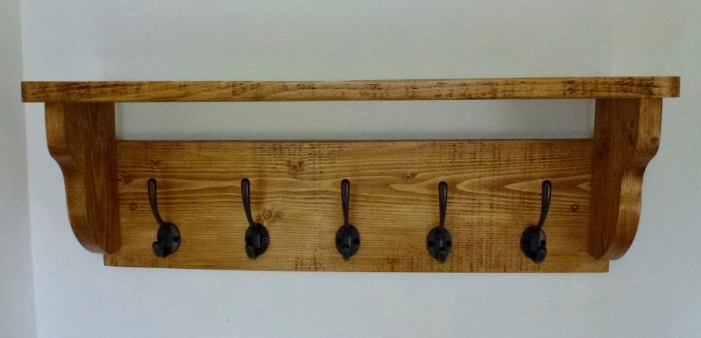 Rustic Hat / Coat Rack With Shelf and 5 Cast Iron Hooks- Farmhouse Style